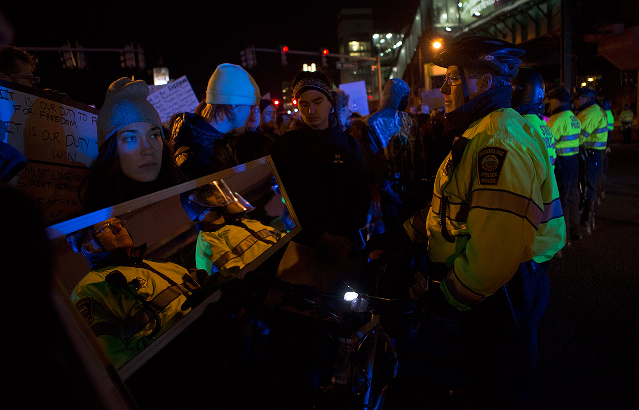 Police block protesters from accessing highway and tunnel on ramps near Charles Street. (Robin Lubbock/WBUR)