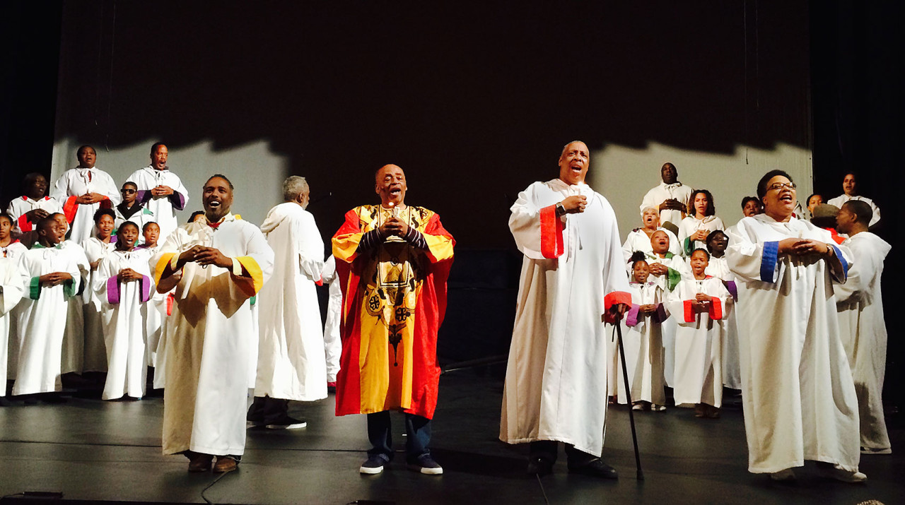 Cast members of "Black Nativity" rehearse, including retired judge Milton Wright. (Delores Handy/WBUR)