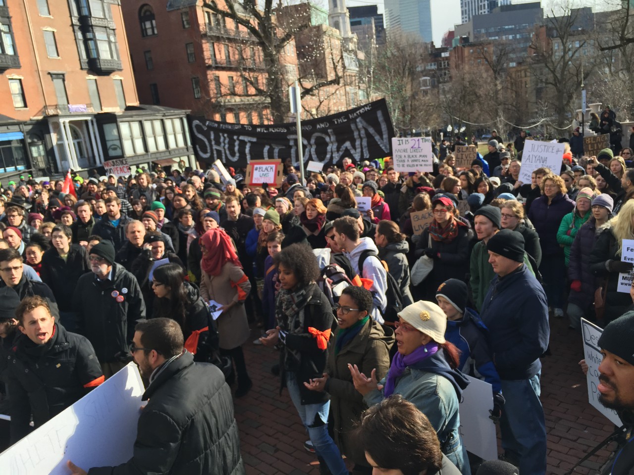 Protesters prepare to march to the Suffolk County Jail Saturday afternoon. (Bruce Gellerman/WBUR)