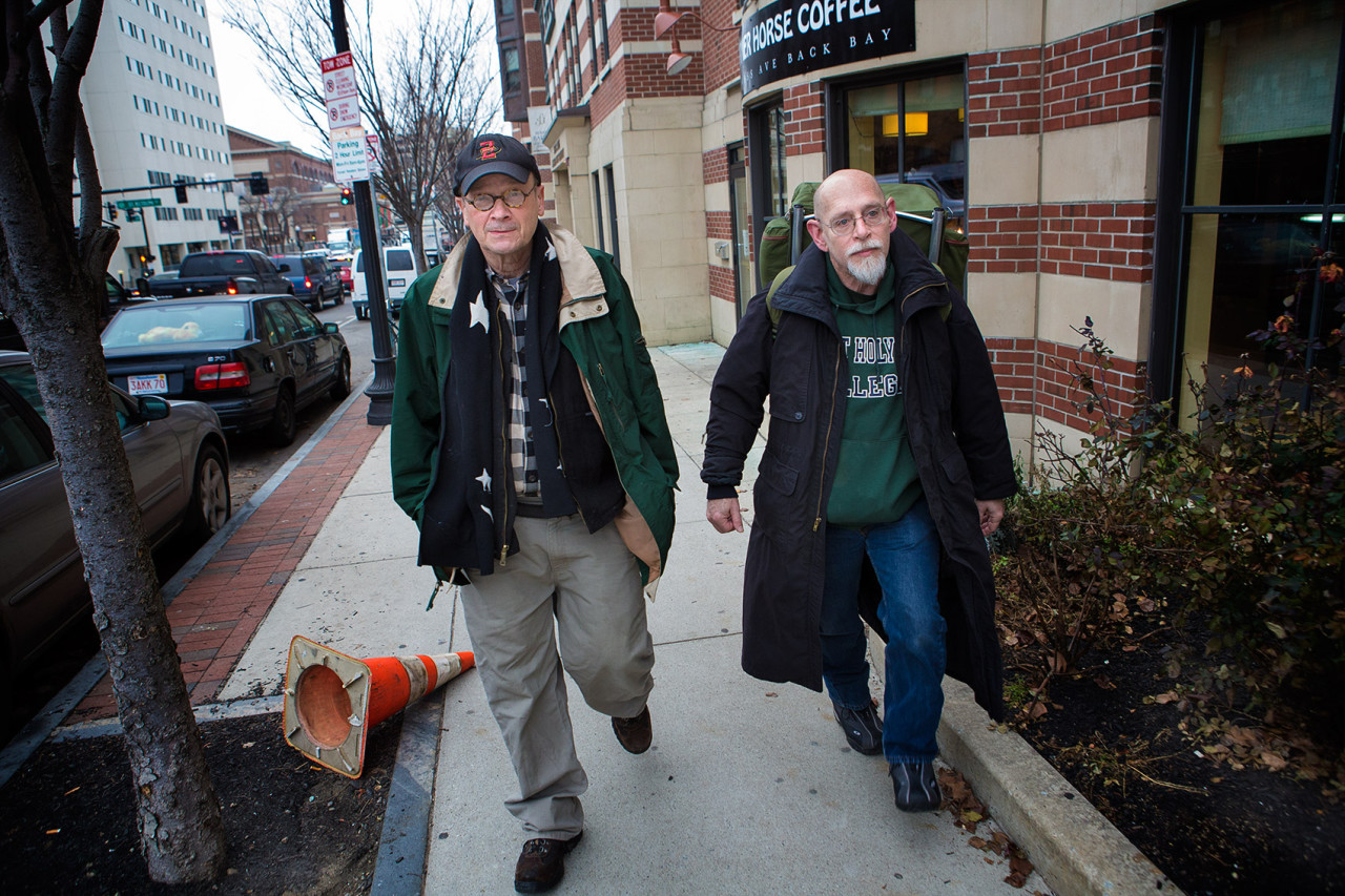 Jim Stewart, left, and Cleve Rae with the Boston Homeless Solidarity Committee (Jesse Costa/WBUR)