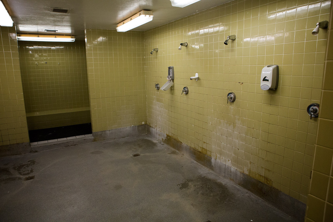 The showers at the temporary shelter run by the Boston Public Health Commission Center at a former gym. (Jesse Costa/WBUR)
