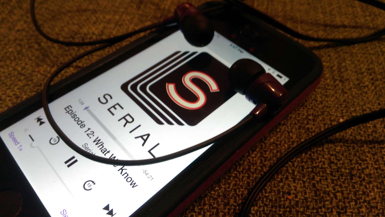 The wildly popular podcast "Serial," a spin-off of "This American Life," plays on a phone. (Casey Fiesler/Flickr).