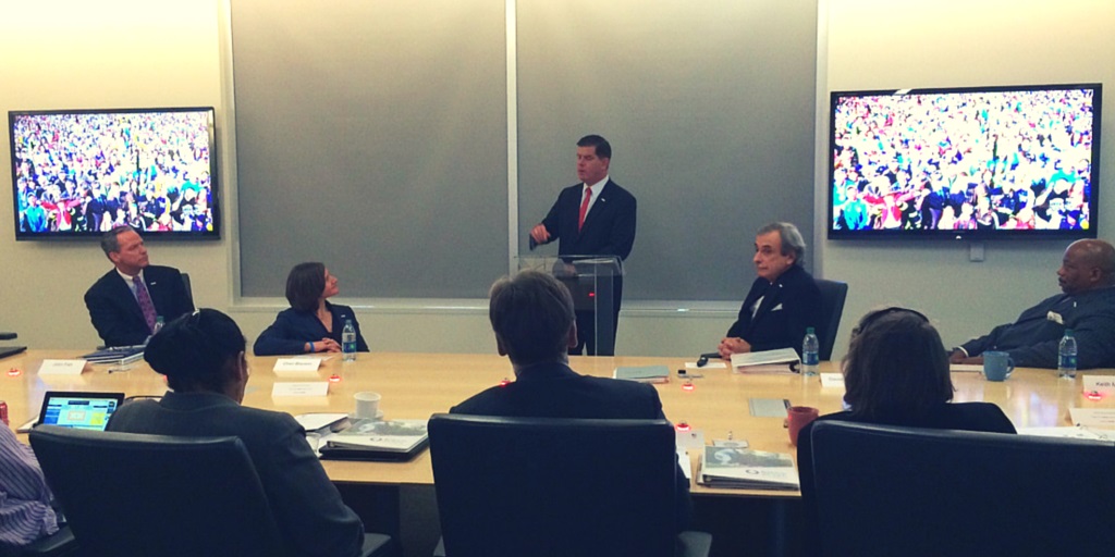 Boston Mayor Marty Walsh (standing in center) leads the Boston 2024 bid presentation Tuesday. Facing, the camera, from left, John Fish, Cheri Blauwet, David Manfredi, Keith Motley. (Courtesy USOC)