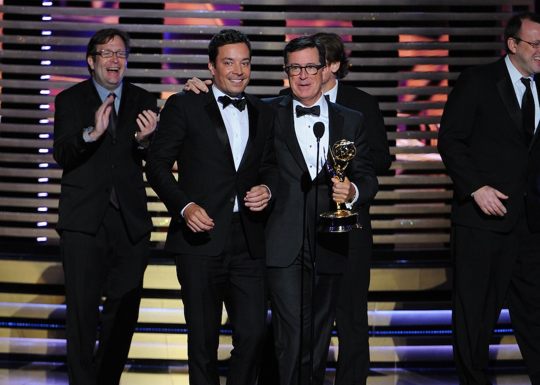 Jimmy Fallon and Stephen Colbert at this year's Emmy Awards. (Vince Bucci/Invision/AP)