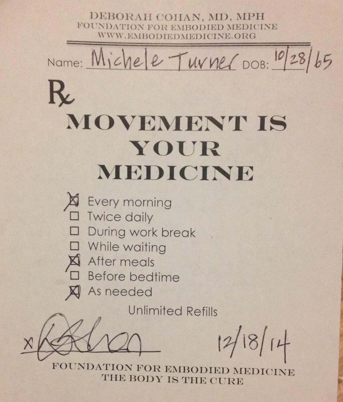 A prescription from Dr. Deborah Cohan, a physician in San Francisco. (courtesy Deborah Cohan)