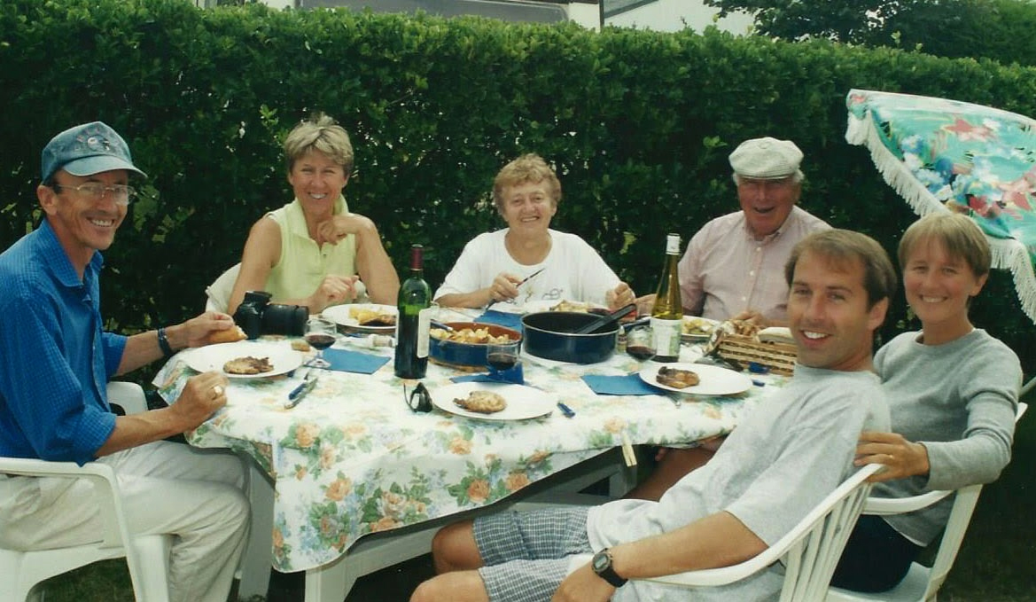 Lunch on the farm, c. 2002. Left to Right: François (the author's father-in-law), Monique (the author's mother-in-law), Simone (Celeste’s wife), Celeste, Gwen (the author's wife), the author. (Jeffrey Holt/Courtesy)
