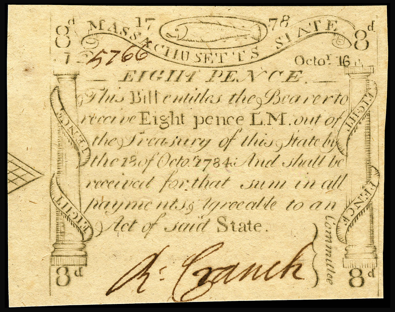 An eight pence note in Massachusetts state currency, issued in 1778. These "codfish" bills, so-called because of the cod in the border design, were engraved and printed by Paul Revere. (Wikimedia commons)