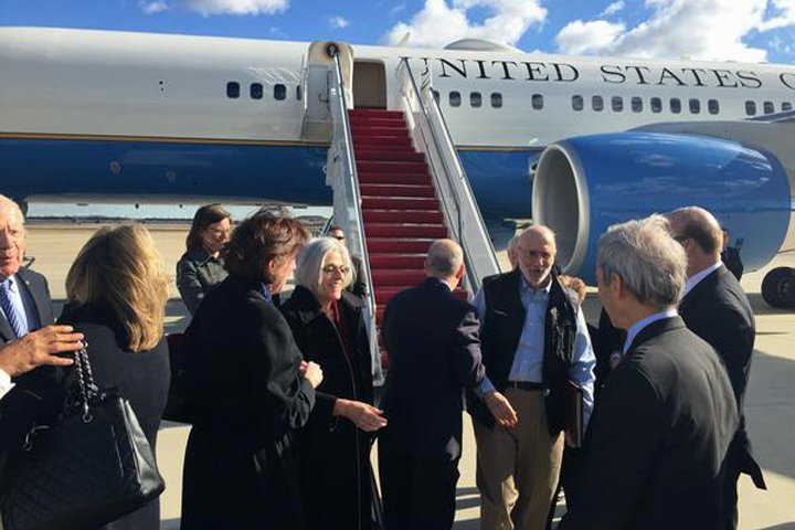 This handout photo from the Twitter account of Sen. Jeff Flake, R-Ariz. shows Alan Gross arriving at Andrews Air Force Base, Md., Wednesday, Dec. 17, 2014. The US and Cuba have agreed to re-establish diplomatic relations and open economic and travel ties, marking a historic shift in U.S. policy toward the communist island after a half-century of enmity dating back to the Cold War, American officials said Wednesday. (AP)