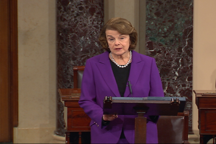 This frame grab from video, provided by Senate Television, shows Senate Intelligence Committee Chair Sen. Dianne Feinstein, D-Calif. speaking on the floor of the Senate on Capitol Hill in Washington, Tuesday, Dec. 9, 2014. Senate investigators have delivered a damning indictment of CIA interrogation practices after the 9/11 attacks, accusing the agency of inflicting pain and suffering on prisoners with tactics that went well beyond legal limits.  (AP)