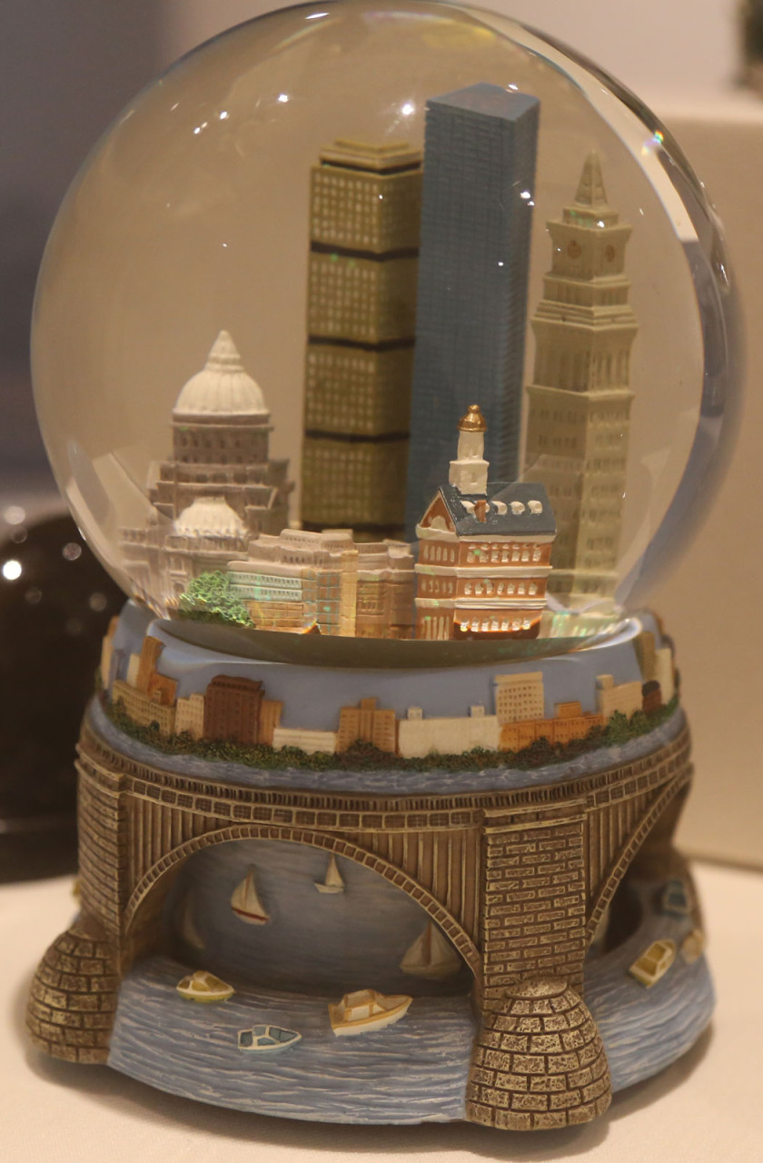 Boston's skyline in snow globe form. (Courtesy)