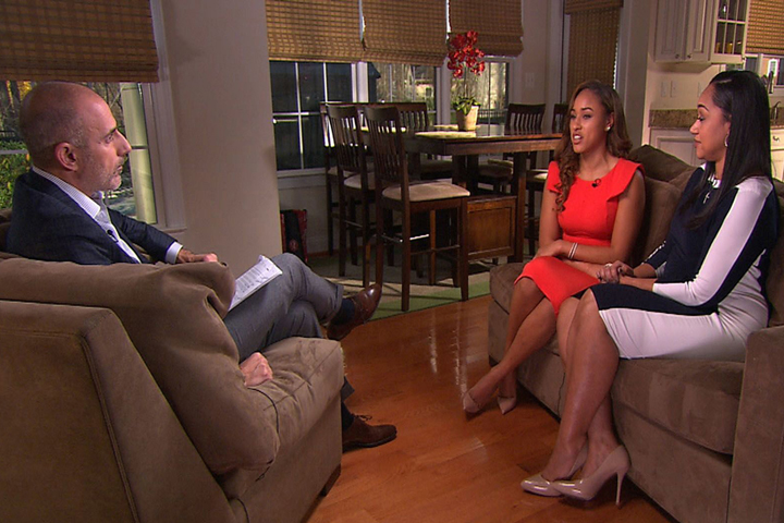 In this image from video provided by The Today Show, host Matt Lauer, left, interviews Janay Rice, center, and her mother, Candy Palmer. (AP)