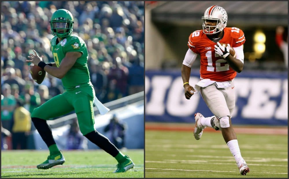 Marcus Mariota (left) and No. 2 Oregon will face Cardale Jones (right) and No. 4 Ohio State in the College Football Playoff championship on Jan. 12. (Jeff Gross and Andy Lyons/Getty Images)