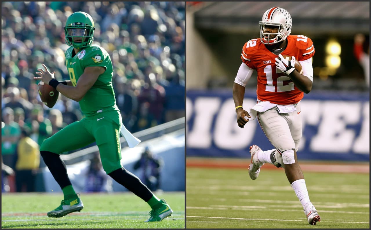 Marcus Mariota (left) and No. 2 Oregon will face Cardale Jones (right) and No. 4 Ohio State in the College Football Playoff championship on Jan. 12. (Jeff Gross and Andy Lyons/Getty Images)