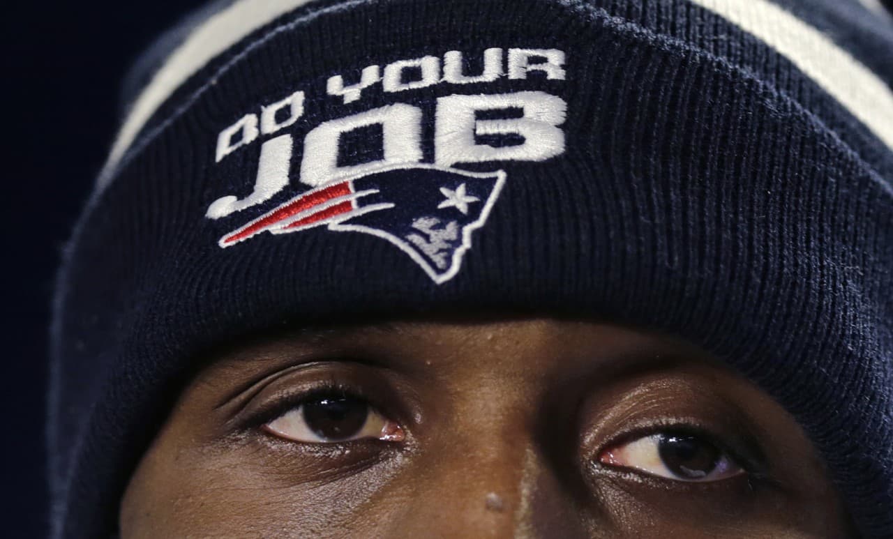 New England Patriots defensive back Devin McCourty's hat summed up the team's approach to the upcoming game with the Ravens. (Charles Krupa/AP)