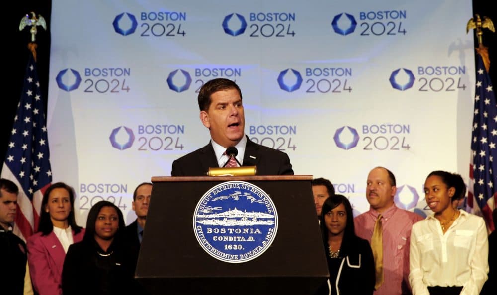 Boston Mayor Martin Walsh speaks during a news conference earlier this month, after Boston was picked by the USOC as its bid city for the 2024 Olympic Summer Games. (Winslow Townson/AP)