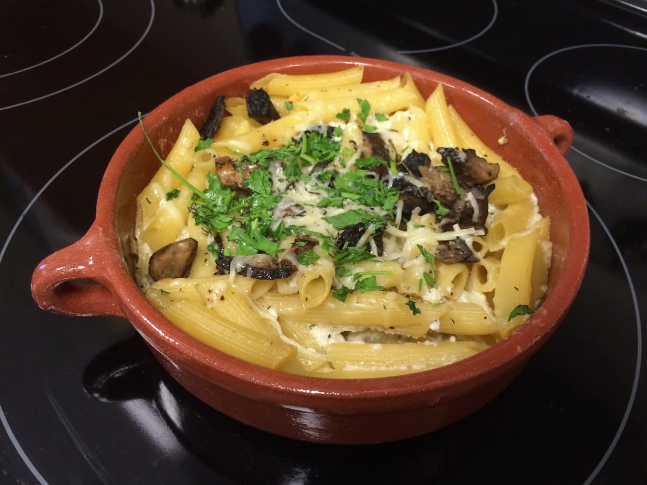 This baked penne with cheese sauce and sautéed mushrooms is Kathy Gunst's take on mac and cheese. (Rachel Rohr)