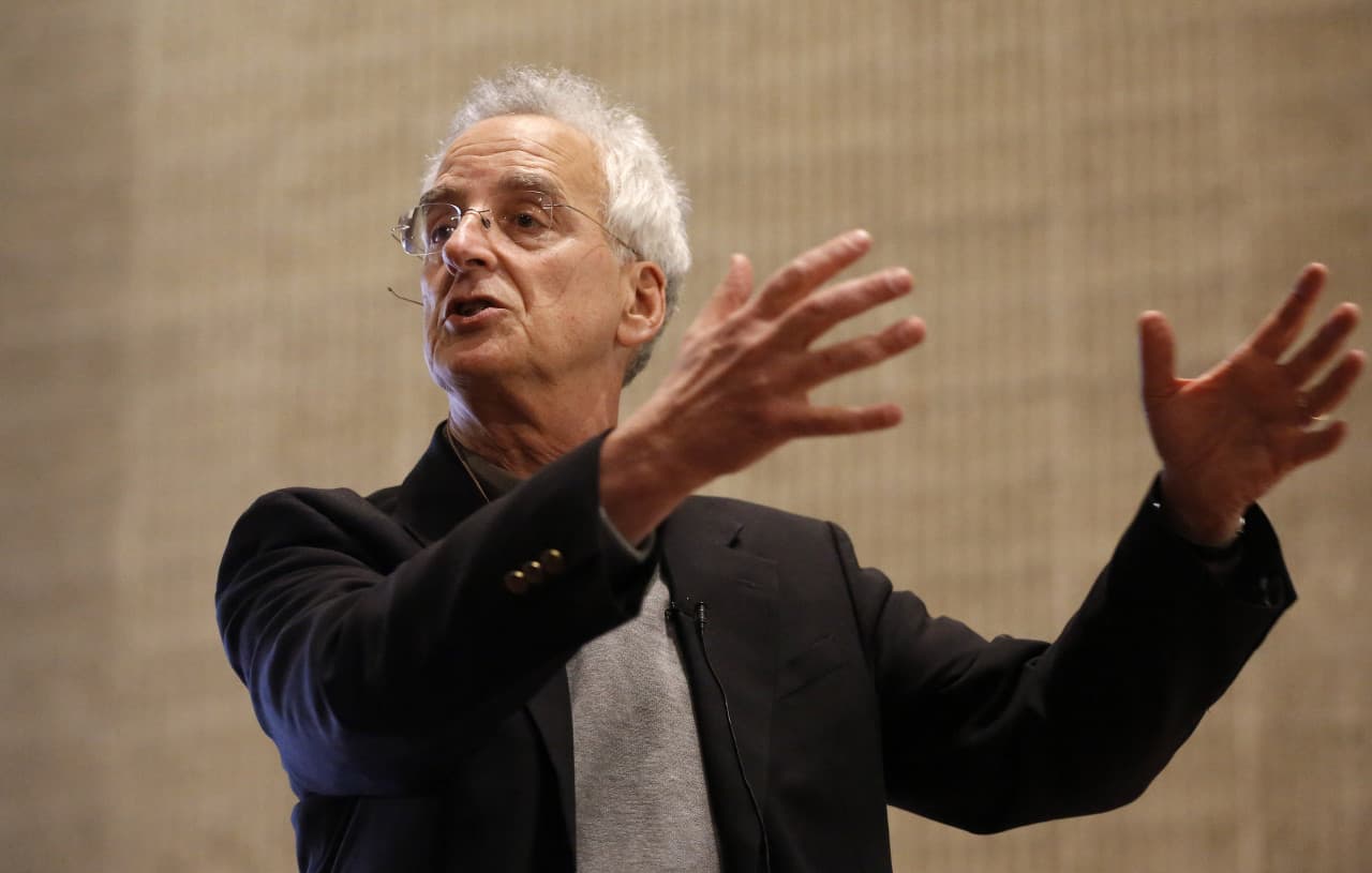 Economist and Smith College professor Andrew Zimbalist addresses the Olympics opposition crowd Wednesday. (Steven Senne/AP)
