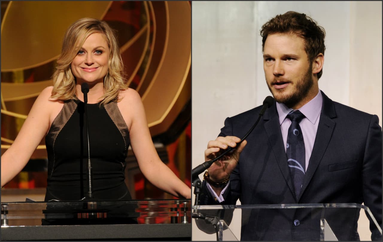 Left, Actress Amy Poehler speaks at the Television Academy Hall of Fame in March 2014. (Frank Micelotta/Invision for the Television Academy/AP); Right, Actor Chris Pratt addresses the audience during a charity event in Beverly Hills, Calif. in December 2014. (Chris Pizzello/Invision/AP)