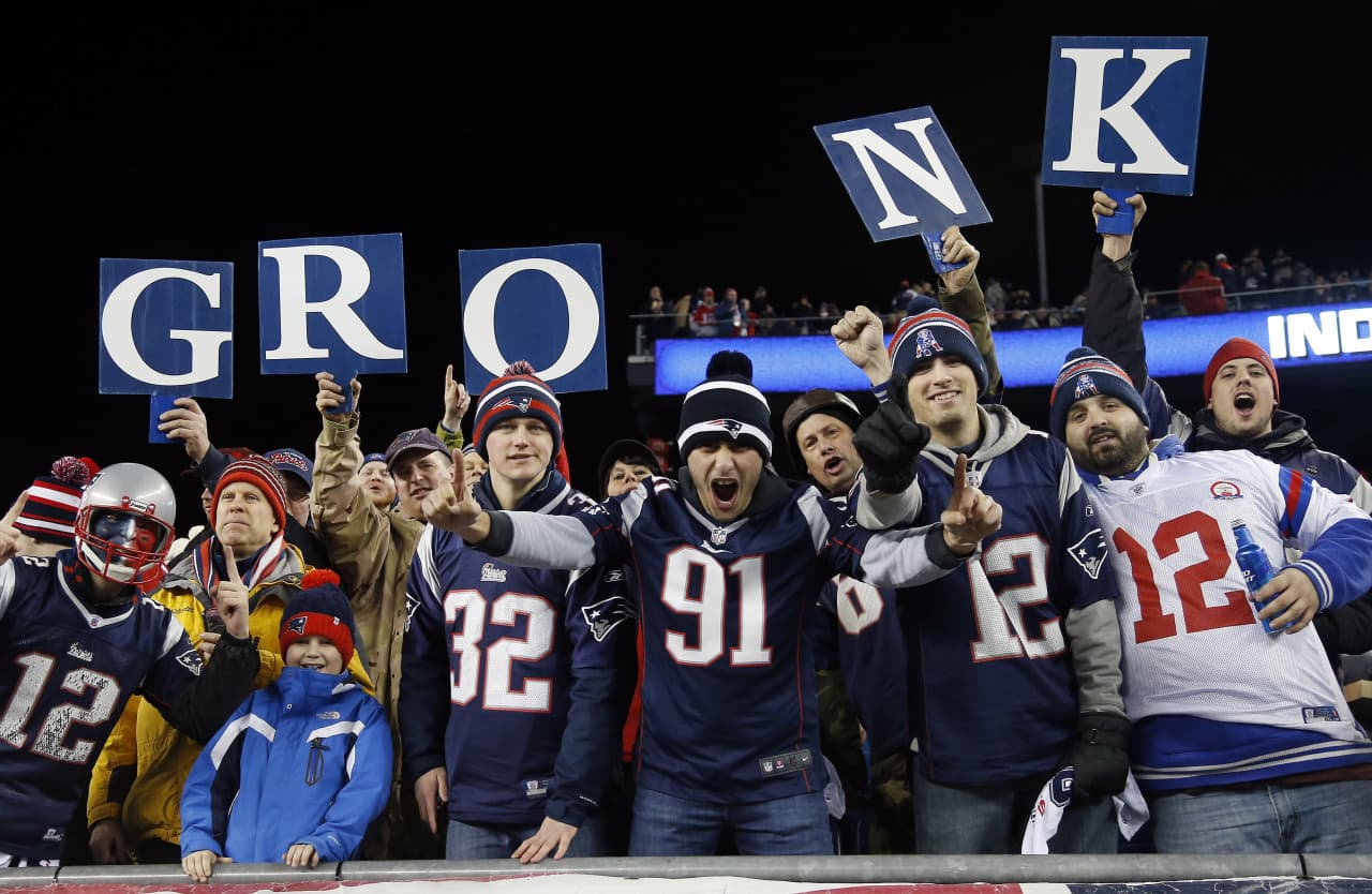 New England Patriots fans cheer with a sign for tight end Rob Gronkowski before the AFC Championship game between the Patriots and Indianapolis Colts Sunday. (Elise Amendola/AP)