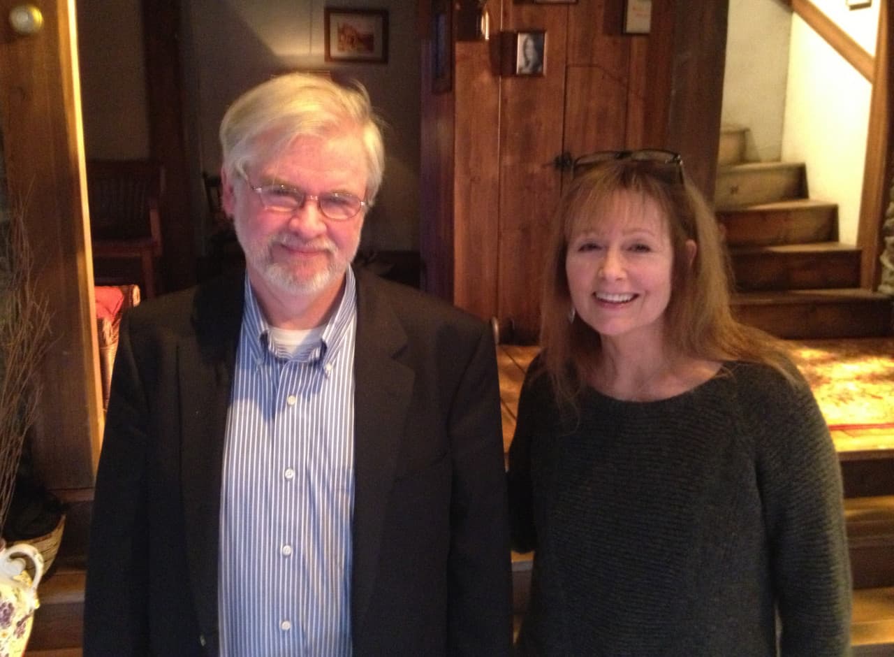 Playwright Christopher Durang and Here &amp; Now host Robin Young pose for a photo before their talk at Boston's Huntington Theater. (Courtesy)