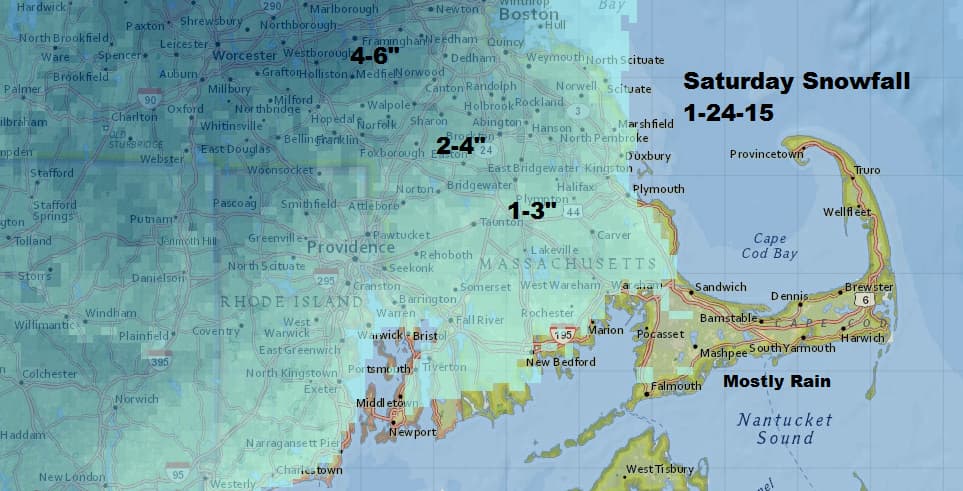 Snowfall predictions for Saturday’s storm, as of Friday afternoon. (David Epstein/WBUR)