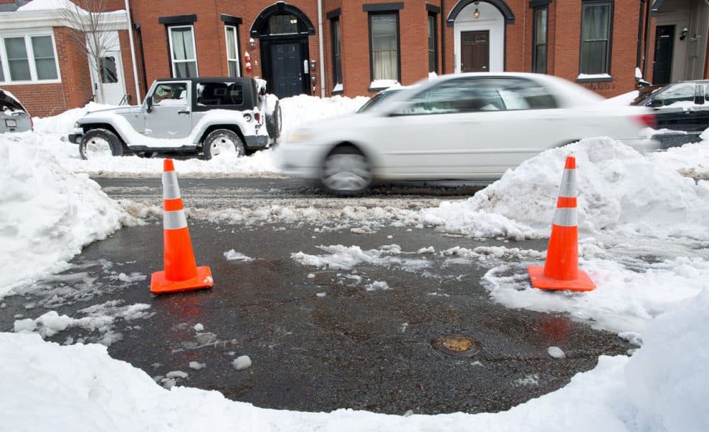 Cones can make a good space saver. These two mark a space on I Street in South Boston. 