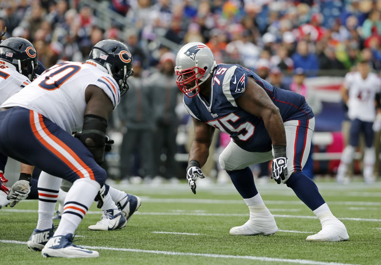 Wilfork (75) starts to move from the line of scrimmage against the Chicago Bears in the second half of a game against the Chicago Bears earlier this season in Foxborough, Mass. (Elise Amendola/AP)