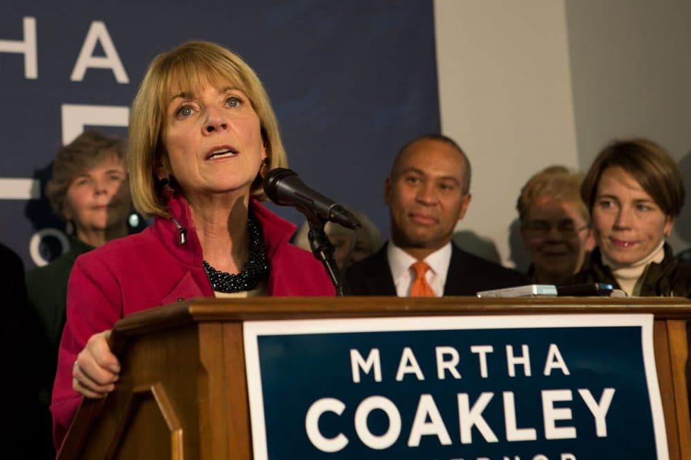 Martha Coakley addresses supporters following her loss to Charlie Baker in the 2014 Massachusetts governor's race. (Jesse Costa/WBUR)