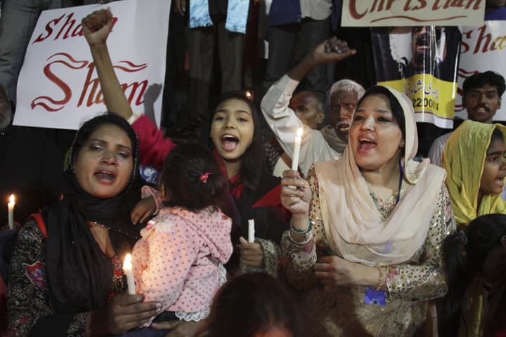 Pakistani Christians shout anti-government slogans during a rally to condemn killing of a Christian couple, in Lahore, Pakistan, Wednesday, Nov. 12, 2014. Police in Pakistan said they have arrested as many as 45 Muslims in connection with the killing of the Christian couple for allegedly desecrating the Quran. (AP)