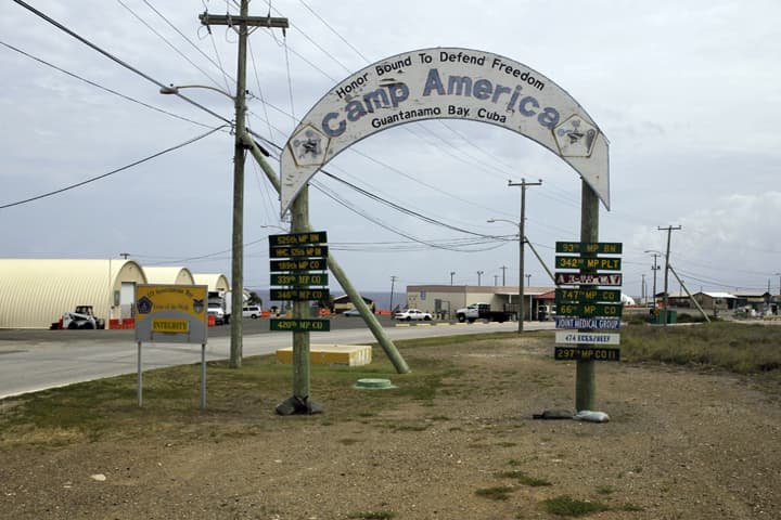 An entrance sign near the quarters for guards at the U.S. military detention center at the Guantanamo Bay Naval Base in Cuba, June 7, 2014. (AP)