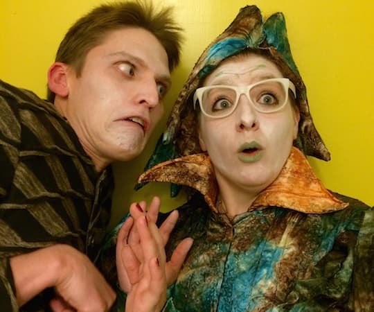 Michael Chodos as Leech and Kiki Samko as Old Mother Schnell in "Kerplop! The Tale of the Frog Prince."
