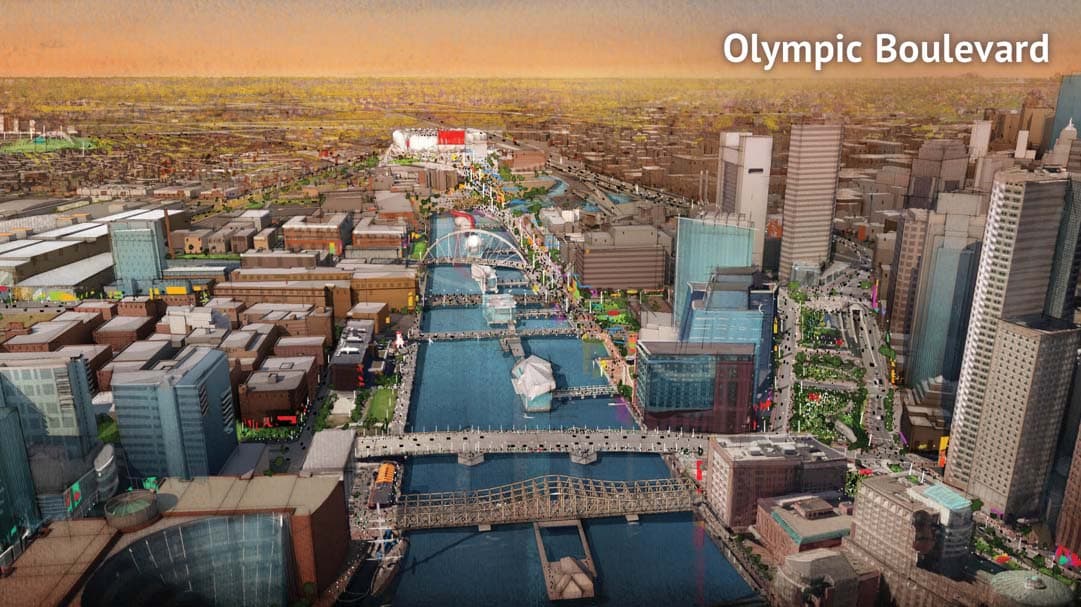 In their bid, Boston 2024 said "Olympic Boulevard" would be "the pedestrian spine" for the 2024 Games. This rendering shows Fort Point Channel looking south toward the proposed Olympic stadium. (Boston 2024)