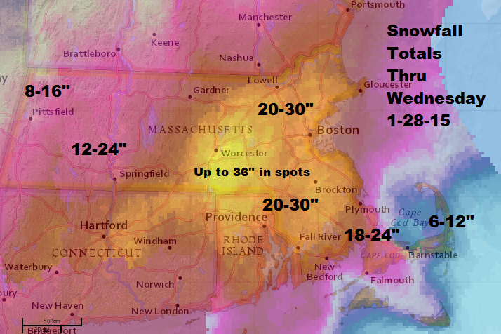 David Epstein’s predicted snowfall totals, as of Monday morning. (David Epstein/WBUR)