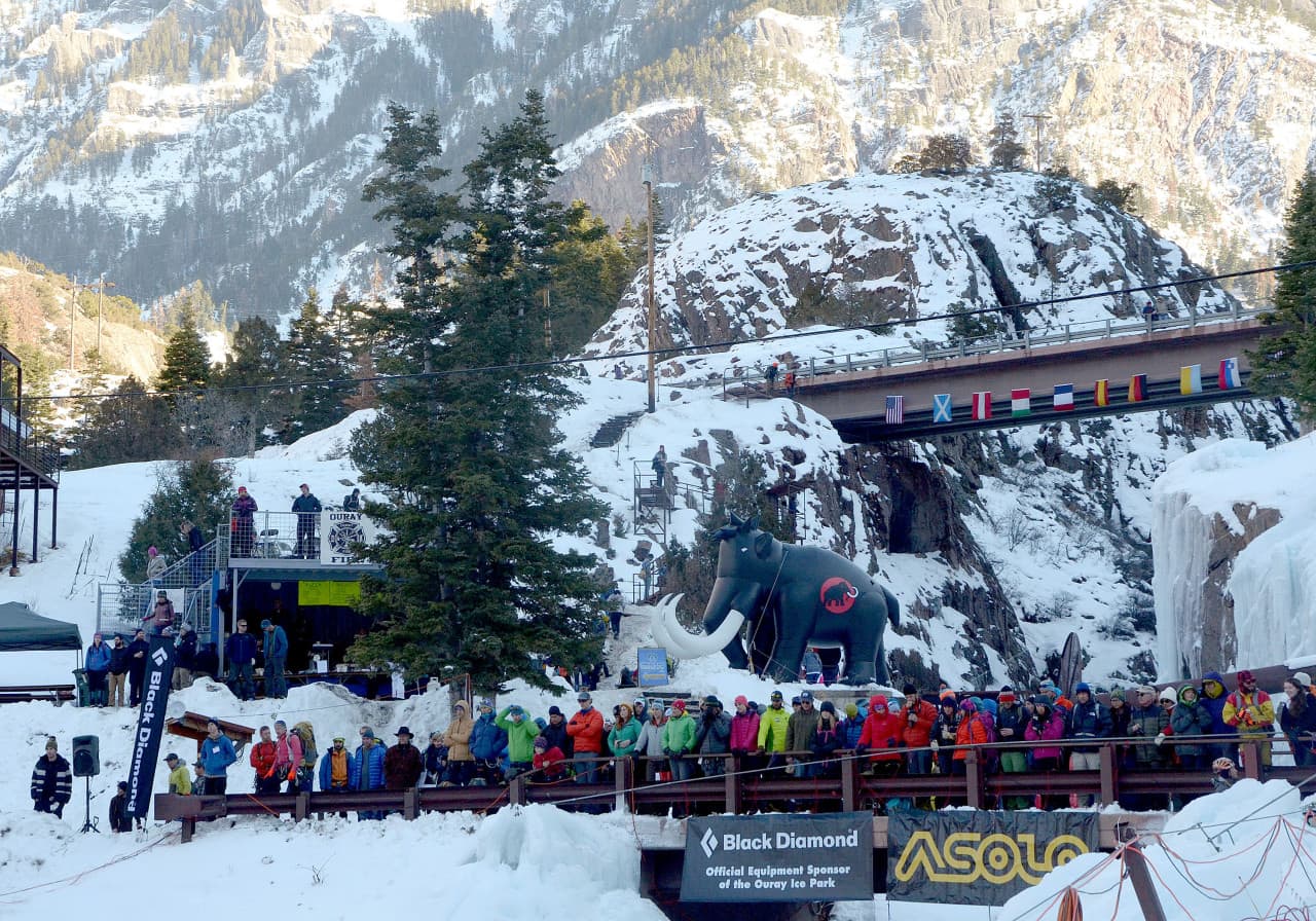 Spectators watch climbing competitors on the artificial frozen waterfalls of the Ouray Ice Park at  the 2015 Ouray Ice Festival. (Sadie Babits/CPR) 