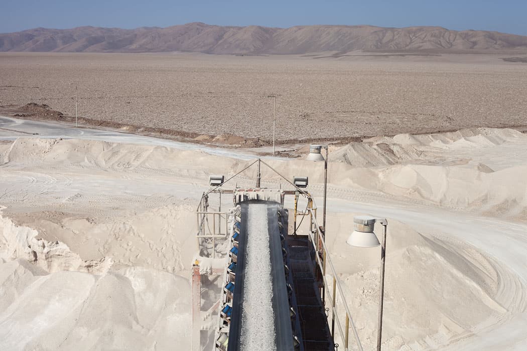 From the end of the mine’s conveyor belt, the surrounding salt flats left from “a prehistoric salt lake trapped within two mountain ranges” are visible. (Allison Cekala)