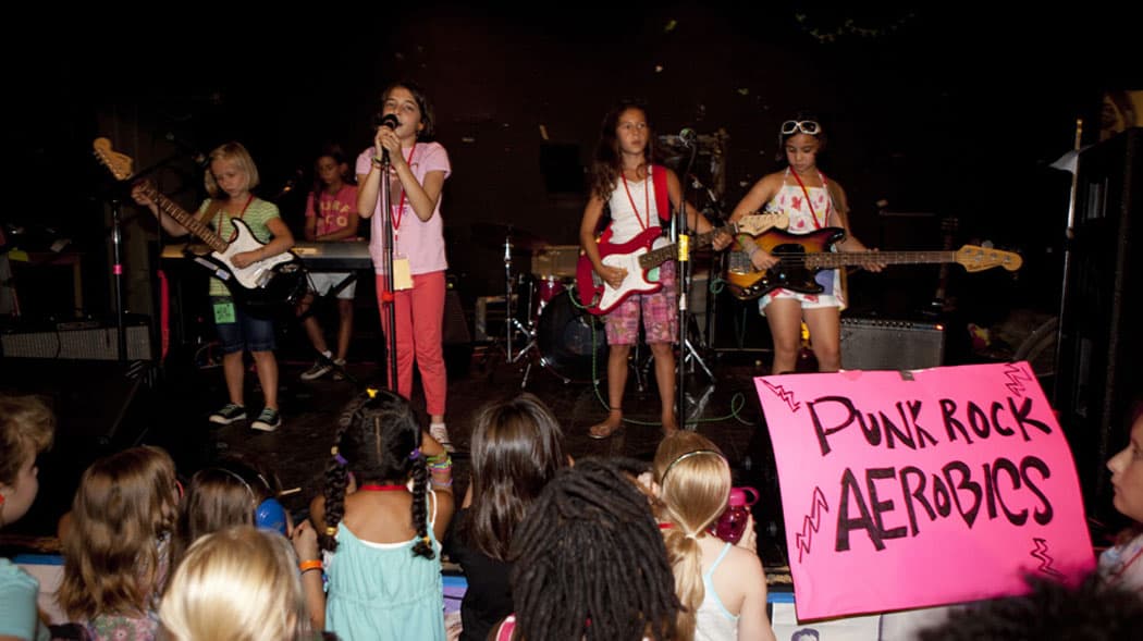 Peanut Butter Panthers (Zoe Rosemond, Kaia Carioli, Paria Reich, Isadora Bernasconi, Nell Dement Myers) perform at the Girls Rock Campaign Boston dress rehearsal. (Kelly Davidson)