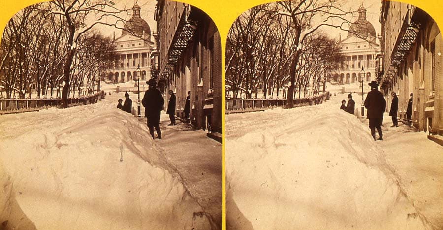 John B. Heywood, a Boston photographer active in the second half of the 1800s, recorded a "Winter Scene in Park Street,” a pair of albumen prints from around 1865. (Addison Gallery of American Art)