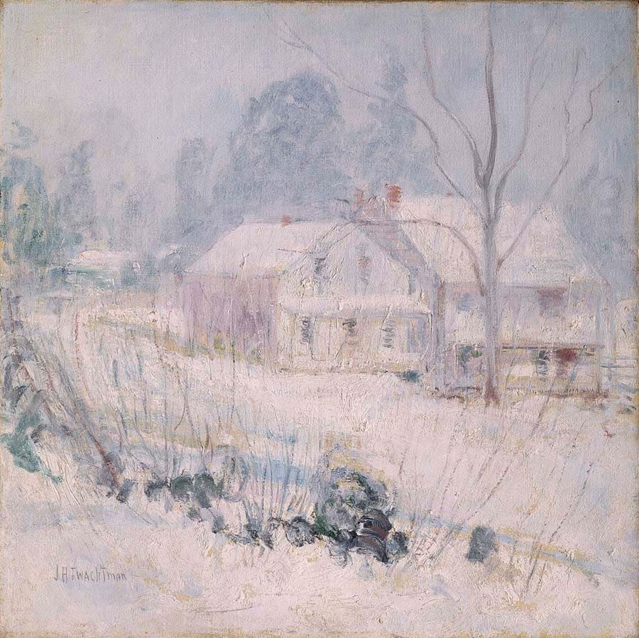 John Henry Twachtman painted this delicate, white-on-white, Impressionist scene of a "Country House in Winter, Cos Cob” around 1901. It’s believed to depict the Brush House and store in Greenwich, Connecticut. (Addison Gallery of American Art)