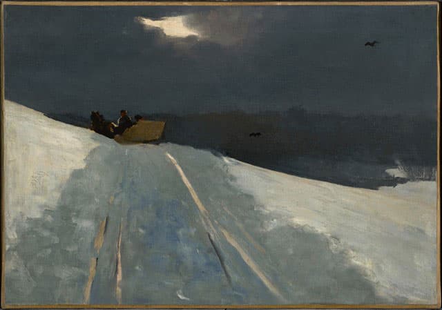 Winslow Homer painted "Sleigh Ride" around 1890 to 1895. “This small, unsigned canvas remained in Homer’s studio until his death,” the Clark Art Institute reports, “and was perhaps never intended to be exhibited in public.” (Clark Art Institute)