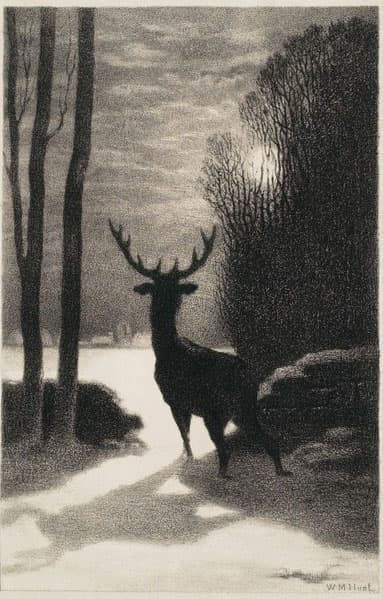 A Winter Stag” pauses at the edge of a snowy moonlit field in this 1866 lithograph by the Boston artist William Morris Hunt. (Clark Art Institute)