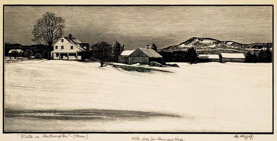 Springfield artist Asa Cheffetz depicted "Winter in Southampton (Mass.)" in this wood engraving from around 1949. (Clark Art Institute)