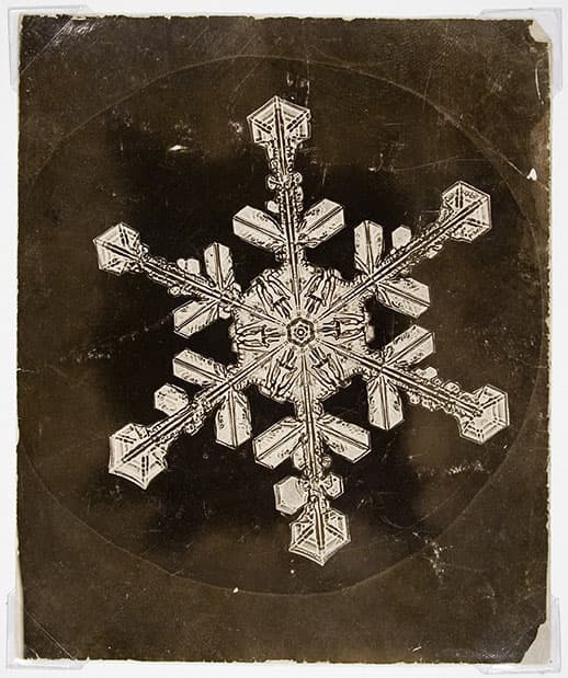 Wilson Bentley pioneered a technique of connecting a camera to a microscope that allowed him to record the dazzling structures of snowflakes as seen in "Snow Crystal” from around 1920. He spent four decades photographing snowflakes, liking to use a feather to delicately position snowflakes in front of his lens for minute-and-a-half-long exposures. To keep his subjects from melting, he worked outdoors in the snow at his family farm in Jericho, Vermont. He died in that town after catching pneumonia from going out in a blizzard. (Currier Museum of Art)
