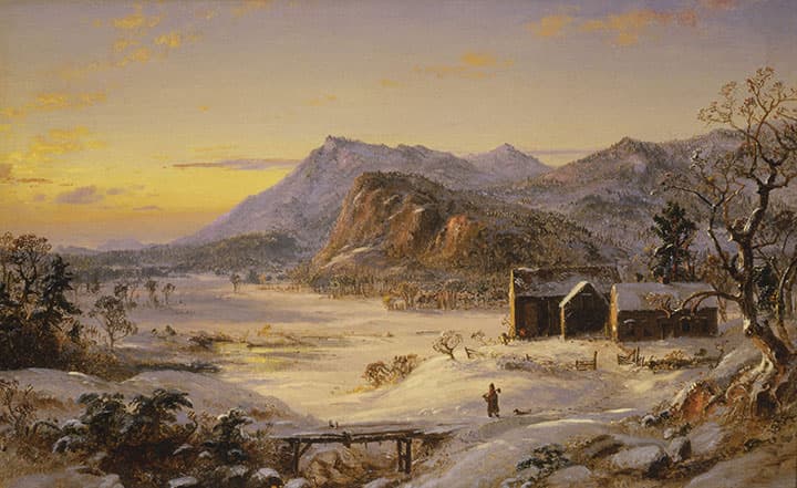 Jasper Francis Cropsey, a prominent New York landscape painter, depicted this "Winter Landscape, North Conway, NH" in 1859. It shows the White Mountains, “looking south toward Moat Mountain and the prominent escarpments known as Cathedral and White Horse Ledges,” according to the Currier Museum of Art. The orderly composition and “suspiciously picturesque vignettes … highlight the fact that Cropsey painted this work from imagination while living in England.” (Currier Museum of Art)