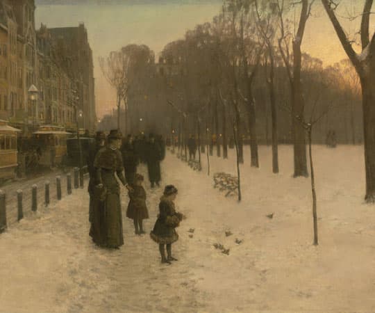 Childe Hassam drew on French inspirations for his 1885 to ’86 oil painting "At Dusk (Boston Common at Twilight),” which has become one of the iconic artworks in the Boston Museum of Fine Arts’ collection. The Dorchester native shows a girl feeding birds along the park’s Tremont Street Mall—his studio was across the street—as (then) modern streetcars rumble along behind her. (Museum of Fine Arts, Boston)