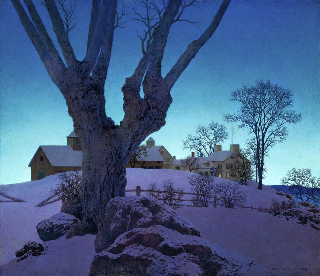 Maxfield Parrish became one of the most popular illustrators of the 20th century with his fantasy scenes and, later, romanticized New England landscapes painted with photographic precision and glowing, jewel-like colors. He was living in Plainfield New Hampshire, where he moved around age 30, when he painted "Hill Top Farm, Winter" in 1949. Depicting Windsor, Vermont, and published with the title “Lights of Welcome” in a 1952 calendar, the Museum of Fine Arts reports that it “was part of a series of landscapes that he painted in the last thirty years of his life for Brown and Bigelow of Saint Paul, Minnesota, one of the nation’s largest distributors of calendars and greeting cards." (Museum of Fine Arts, Boston)