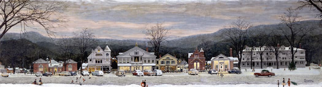 Norman Rockwell invites you on a holiday walk in "Stockbridge Main Street at Christmas (Home for Christmas)," which he painted for McCall’s magazine in 1967. There’s the public library, the old town office, a Victorian hotel, and, at far right, Rockwell's South Street home and studio from 1953 to 1957. His oil painting of the Berkshires community represents for many the quintessential New England small town. (Norman Rockwell Museum)