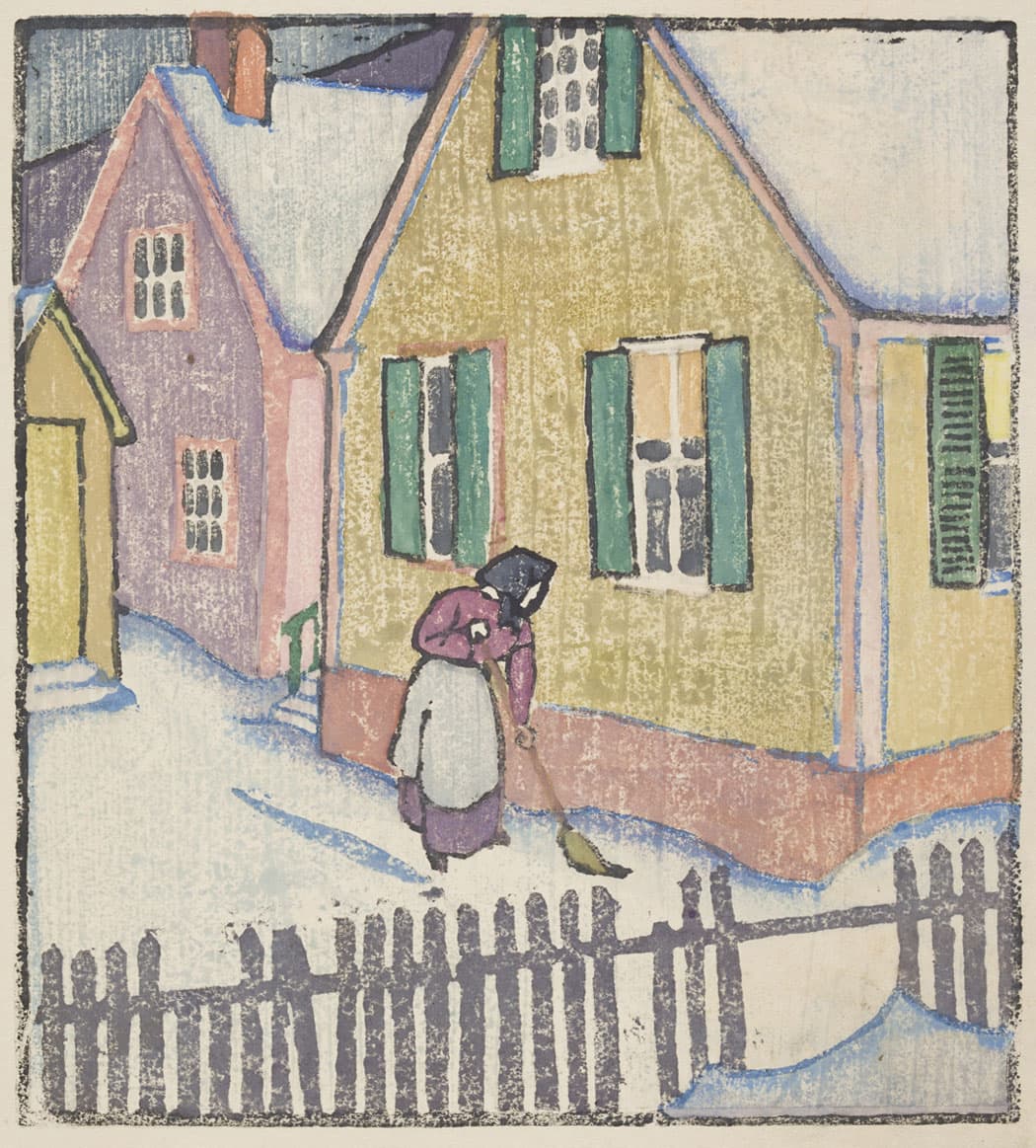 The American artist Maud Hunt Squire spent time in Paris in the first decade of the 20th century—including visits to Gertrude Stein's salons where she met Picasso and Matisse. Her woodcut "Sweeping the Snow" from around 1919 dates to the period around World War I when she and her life partner Ethel Mars settled in Provincetown, and became part of a group of vanguard printmakers there, before returning to Europe in the 1920s. (Worcester Art Museum)