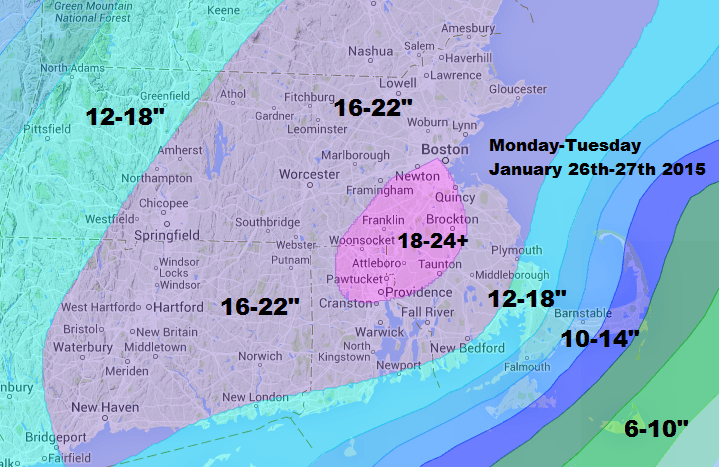 Predictions for snowfall totals during storm Monday into Tuesday. (David Epstein/WBUR)