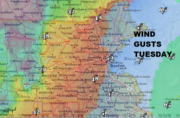 Predictions for wind gusts. (David Epstein/WBUR)