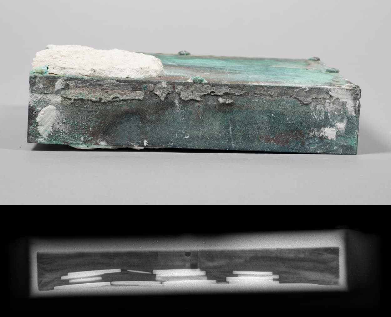 The 1795 time capsule found inside the cornerstone of the State House, above, and an X-ray showing its contents, below. (Courtesy MFA Boston) 